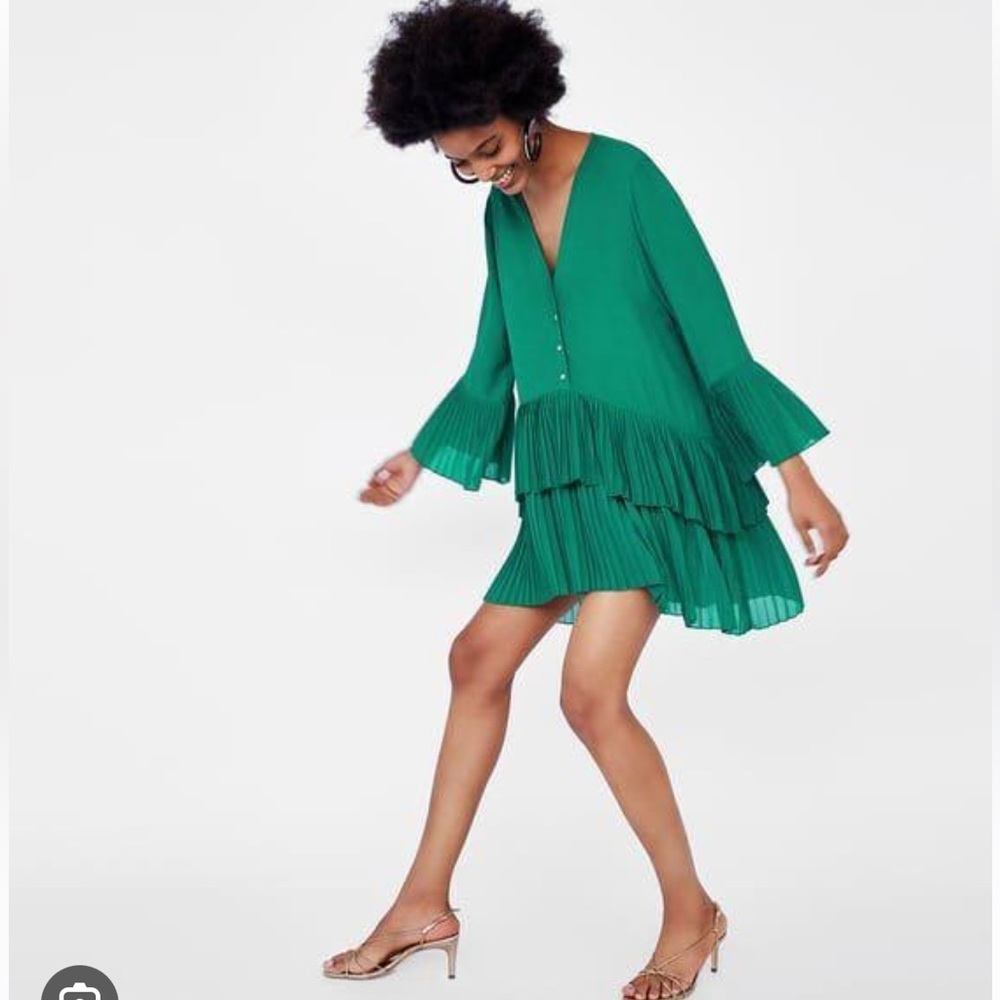 Zara contrasting pleaded blouse mini dress emerald green EUC sz xs